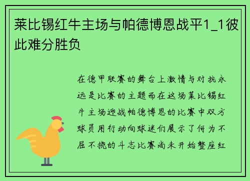莱比锡红牛主场与帕德博恩战平1_1彼此难分胜负